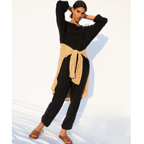 Free People Beach Keepin It Real XS Jumpsuit Lounge Terry Black One Piece - Picture 1 of 14